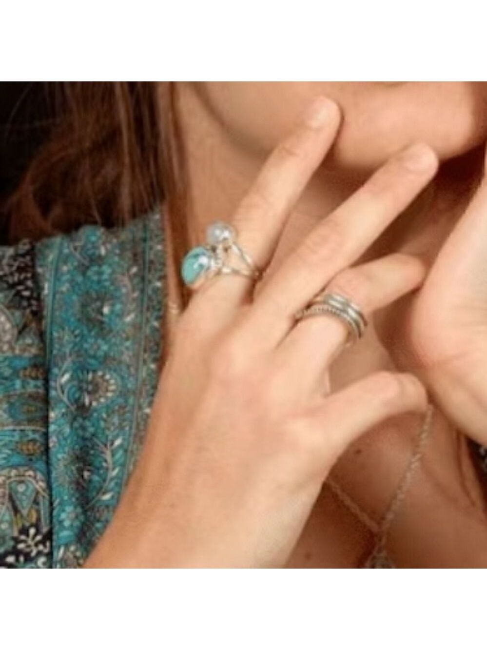 Boho Style Ring Inlaid Waterdrop Shape Turquoise Color Spherical Moonstone Match - Picture 5 of 8